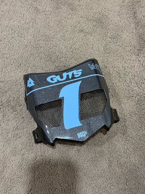Custom colour vented front plate in blue and black with Guts logo and mesh vent panel