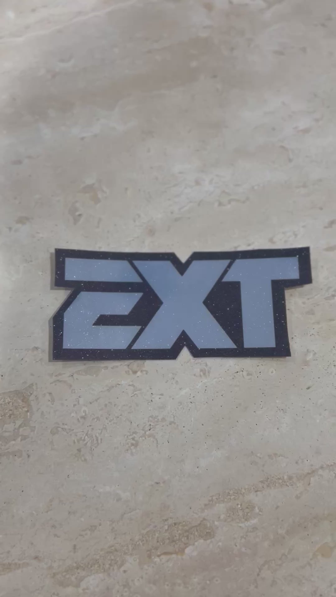 EXT fork sticker in black and silver vinyl, single decal shown on a stone surface