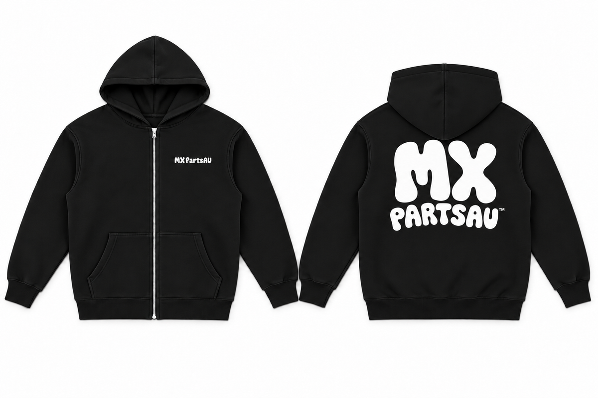 MXPartsAU plain black hoodie, front and back on white