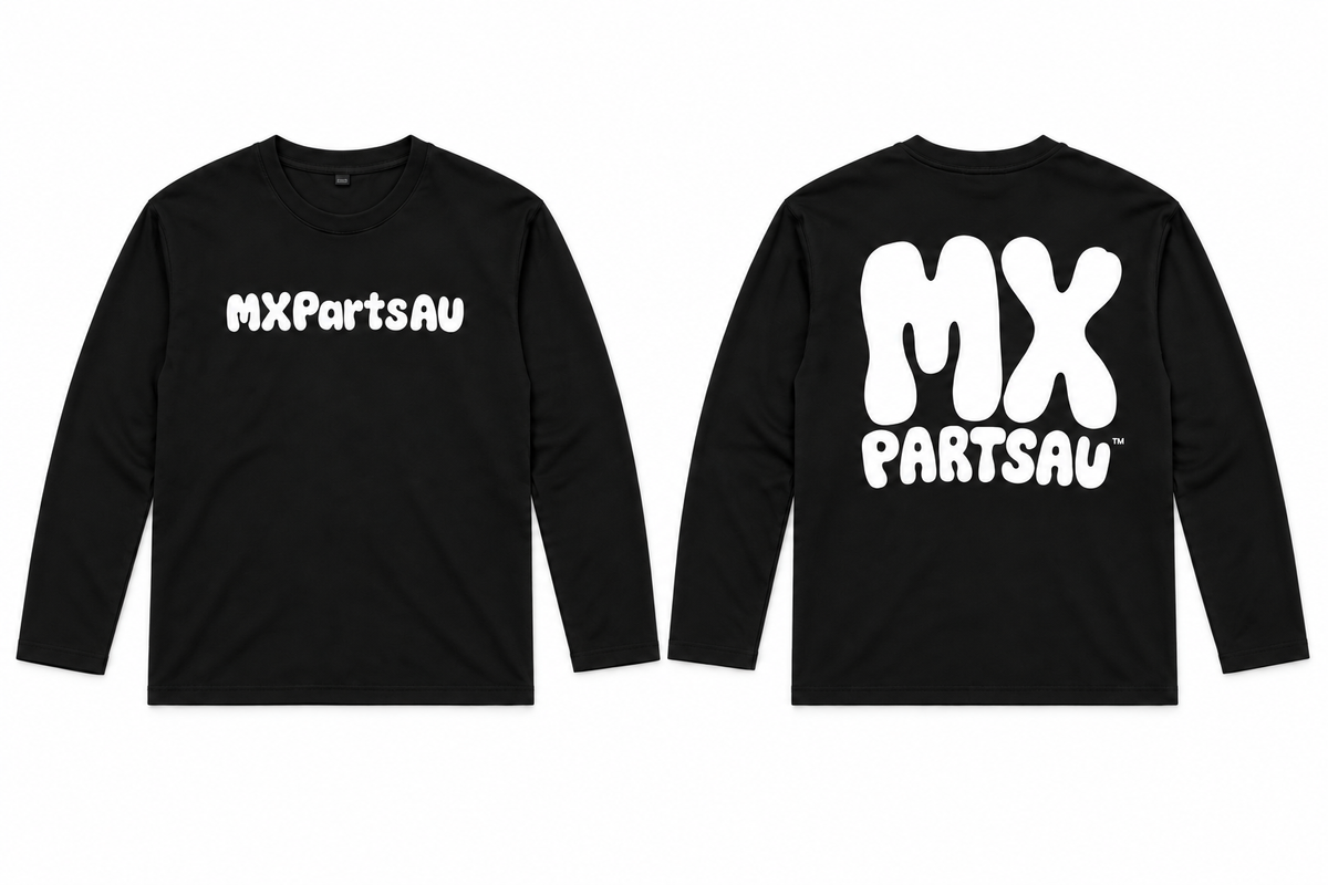 MXPartsAU plain black long-sleeve T-shirt with open hemmed sleeves, front and back on white