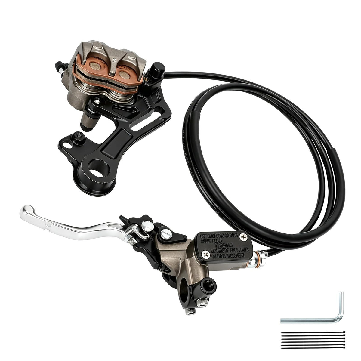 Ultra Bee rear brake assembly: caliper, master cylinder, lever and hydraulic line. Caliper bracket shown is not included.